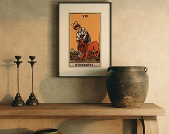 Arte mural del Tarot de la Fuerza, Impresión vintage del Tarot Edición Earthbound, Arte mural estilo Cottagecore, Regalo de bruja, Decoración bohemia del Tarot, Decoración mística del hogar