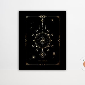 The World Black and Gold Tarot Card Print Gothic Art Tarot Witchy Art Poster