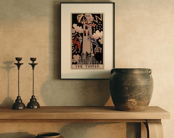 Arte mural de Tarot de La Torre, Impresión vintage de Tarot Edición Earthbound, Arte de pared estilo cottagecore, Regalo de brujería, Decoración de tarot bohemia, Decoración mística para el hogar