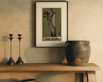 Arte mural de tarot "El Ermitaño", lámina vintage de tarot de la edición Earthbound, arte de pared cottagecore, regalo de bruja, decoración de tarot bohemia, decoración mística para el hogar