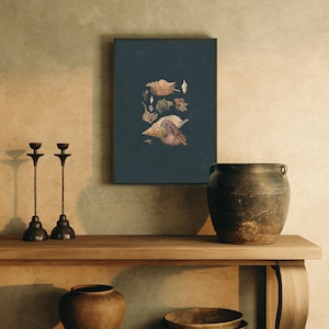 May include: A rectangular wall art print featuring a collection of various seashells in shades of brown, tan, and cream, arranged centrally against a dark navy blue background, enclosed within a thin black frame.