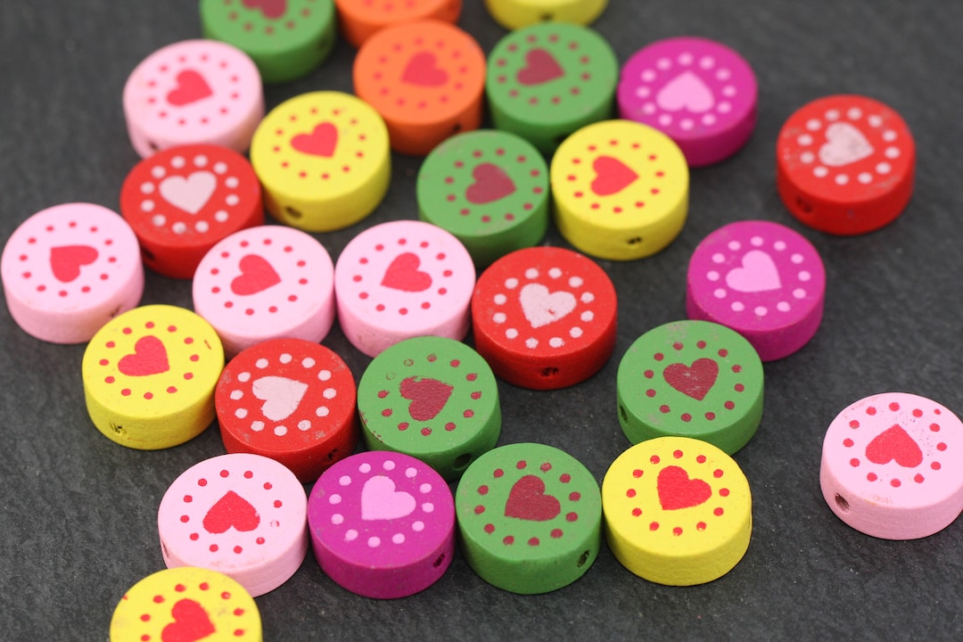 50 Round Wooden Beads With Heart COLORFUL 15 Mm Etsy