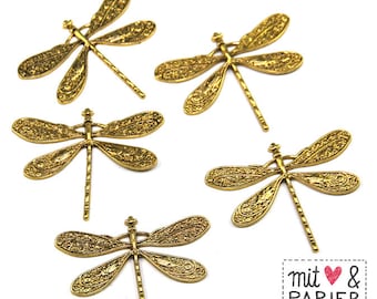 2 x dragonfly large pendant vintage gold-colored 46 x37mm