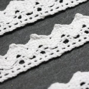 May include: White crocheted lace trim with a scalloped edge. The lace is delicate and intricate, with a repeating pattern of small flowers and leaves.