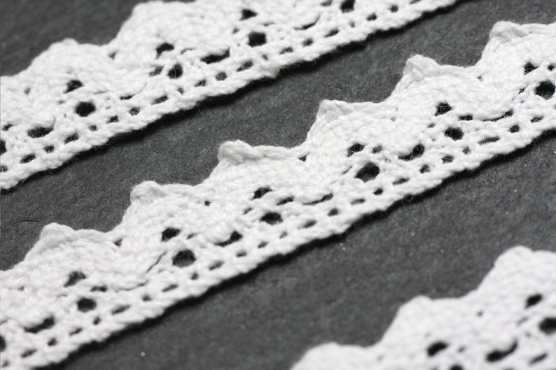 May include: White crocheted lace trim with a scalloped edge. The lace is delicate and intricate, with a repeating pattern of small flowers and leaves.