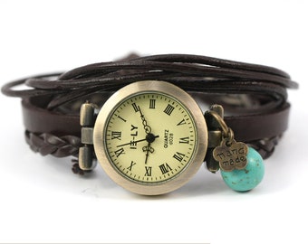 Genuine Leather Strings brown with Turquoise Bead & Handmade Pendant Wristwatch Leather