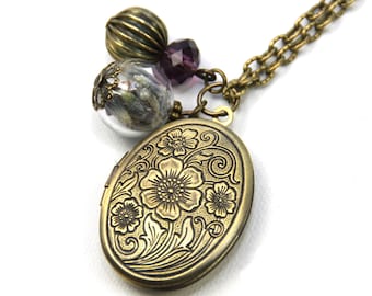 Kette "Lavendelzauber" Halskette mit Blumen Brosche Metallperle