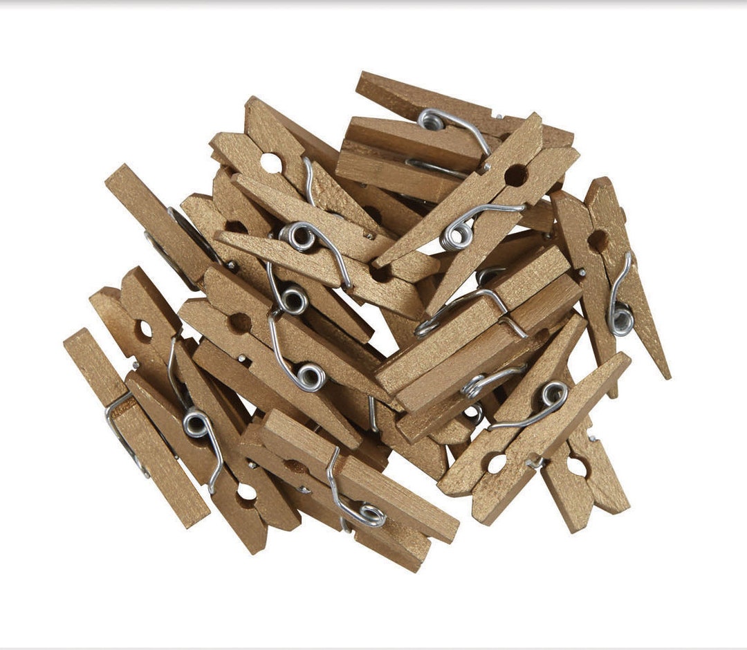 24 X Mini Clothespins Wood Goldcoloured Etsy