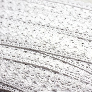 May include: White cotton lace trim with a delicate floral pattern. The lace is woven in a repeating pattern of small flowers and leaves.