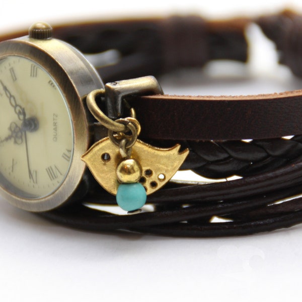 Echtleder Strings "Birdie" braun Türkisperle & Vogel Anhänger Armbanduhr Leder