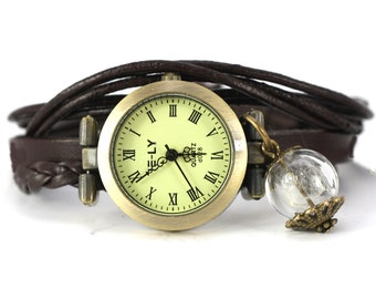 Genuine Leather Thongs Brown with Glass Bead Dandelion Pendant Wristwatch Leather dandelion