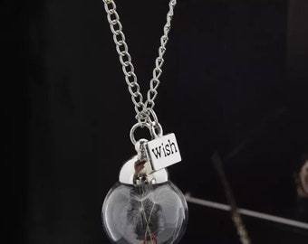 Collier « Real Dandelion » rond Perle Creuse en verre Graines Pissenlit Silver Ferns & Wish Pendentif