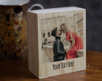 Photo on wood slice, Wooden block with picture, Personalized photo frame, Woodworking anniversary gift for him, Boyfriend birthday gift