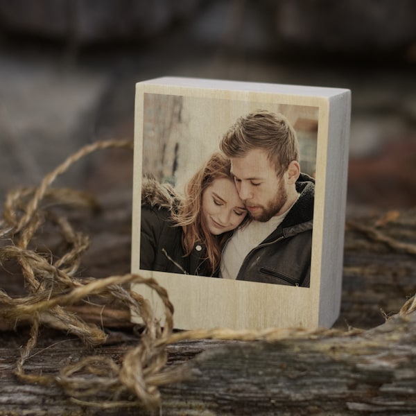 Photo on wood slice, Wooden block with picture, Personalized photo frame, Woodworking anniversary gift for him, Boyfriend birthday gift