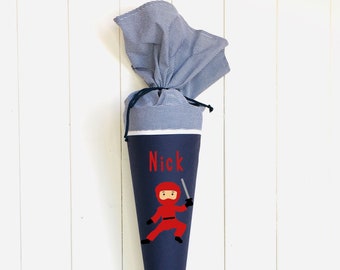 Cono escolar Tela Ninja Cono de caramelo Ninja con nombre 70 cm niños primer día de colegio escolar niño