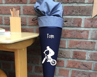 Cono escolar de tela personalizado con ciclista de BMX | con nombre | también se puede usar como almohada de peluche