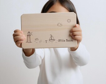 Tabla de desayuno personalizada para niños, tabla de madera, regalo para bebé, nombre de la tabla de madera, tabla infantil, tabla de merienda para niños, faro