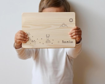 Tabla de desayuno para niños - Tabla de desayuno personalizada para niños - Tabla de madera con nombre - Regalo para bebé - Aventura