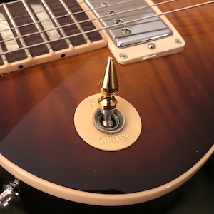 Può includere: Primo piano di un interruttore per chitarra dorato con una punta appuntita. L'interruttore è etichettato "RHYTHM" ed è circondato da un anello color crema.