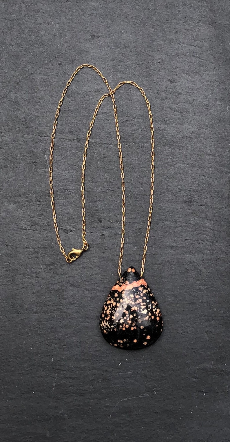 Cherry Blossom Jasper Jewelry Solid Brass Natural Stone Necklace Cabochon Necklace Cherry Blossom Jasper Teardrop Pendant Necklace