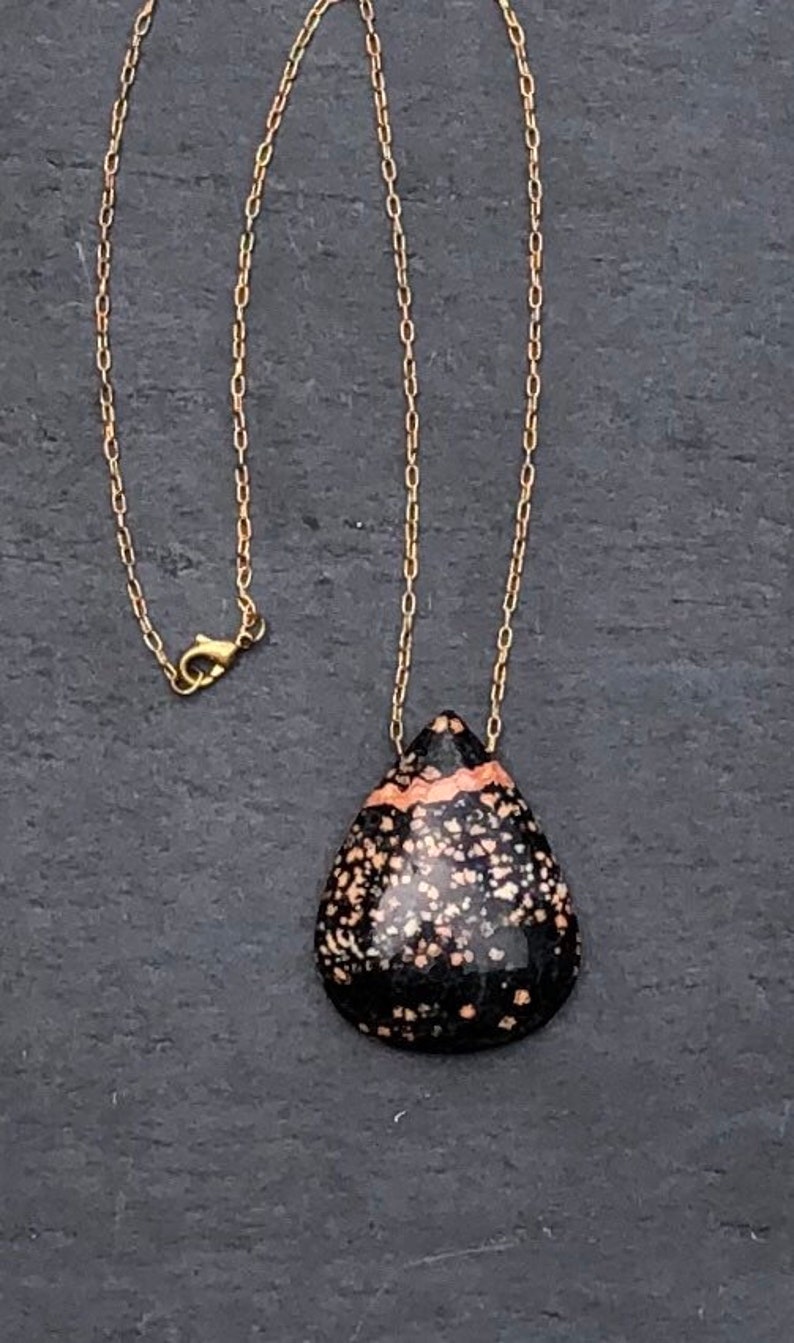 Cherry Blossom Jasper Jewelry Solid Brass Natural Stone Necklace Cabochon Necklace Cherry Blossom Jasper Teardrop Pendant Necklace