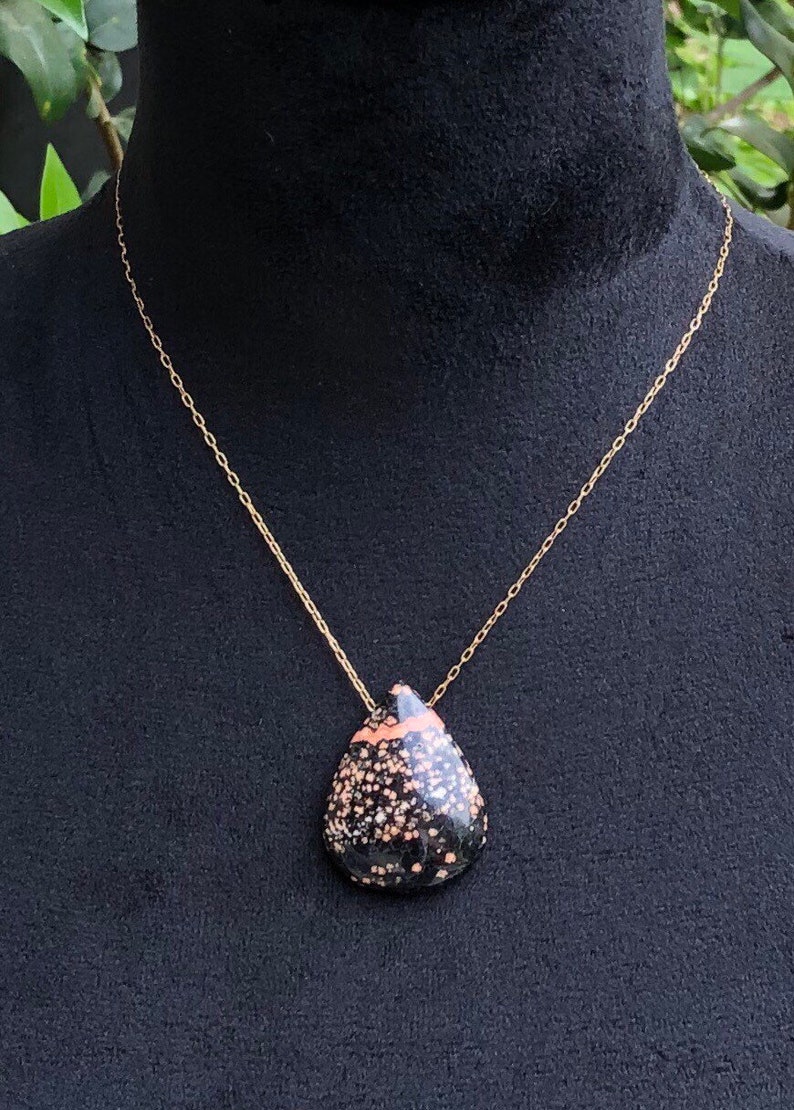 Cherry Blossom Jasper Jewelry Solid Brass Natural Stone Necklace Cabochon Necklace Cherry Blossom Jasper Teardrop Pendant Necklace
