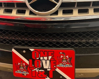 One Love Trini License Plate with Trinidad and Tobago Flag and Coat of Arm