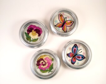 Butterflys and Pansies Metal Coasters with Embroidered Inserts