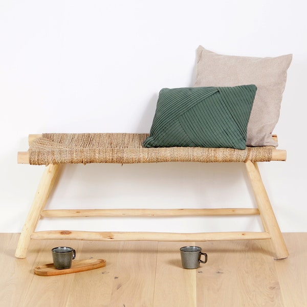 Banc ethnique en bois et tressage naturel 100cm