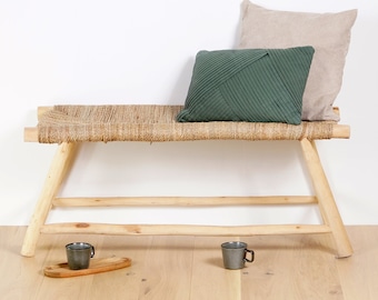 Banc ethnique en bois et tressage naturel 100cm