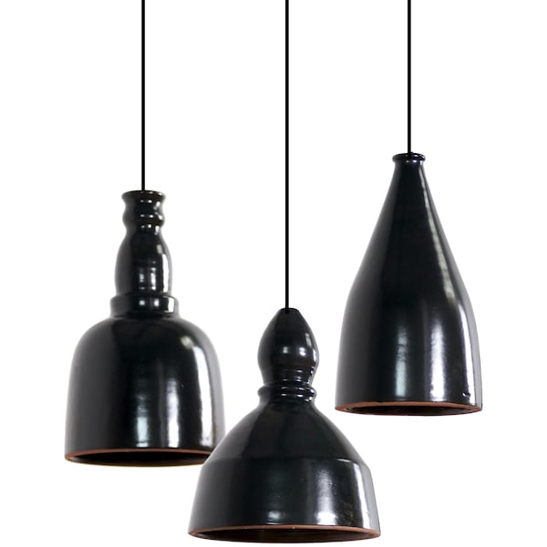 Suspension Luminaire Noir en Céramique, Abat jour en terre cuite