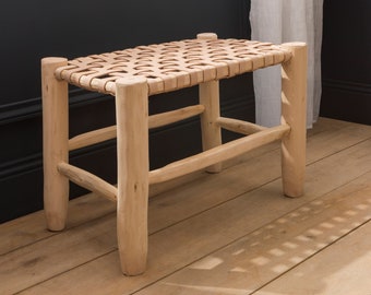 Moroccan bench in wood and leather 60cm