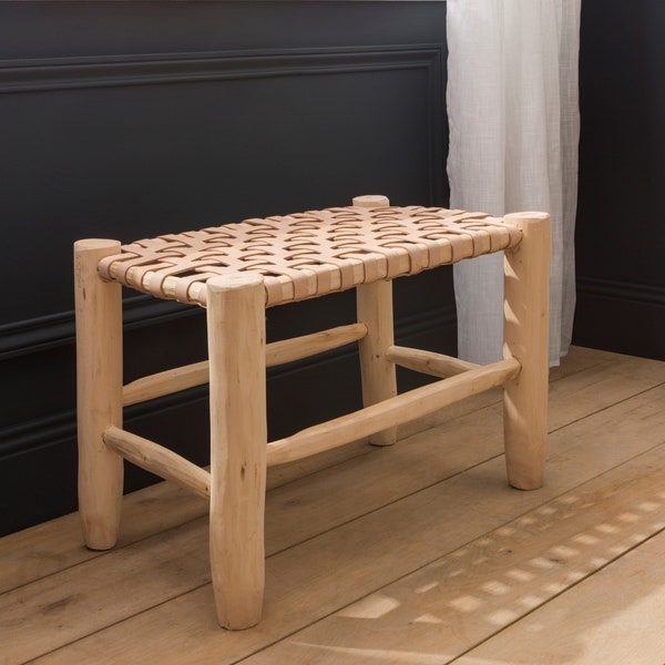 Banc marocain en bois et cuir 60cm