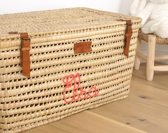 Storage trunk in palm leaves and leather 80cm - Customizable