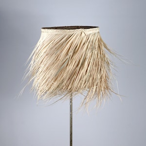 May include: A natural woven lampshade with a fringe of long, thin strands. The lampshade is beige and has a simple, elegant design.