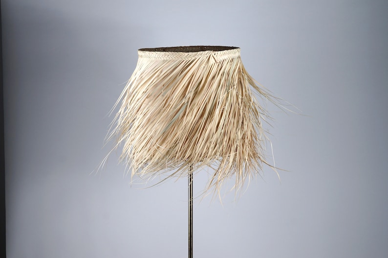 May include: A natural woven lampshade with a fringe of long, thin strands. The lampshade is beige and has a simple, elegant design.