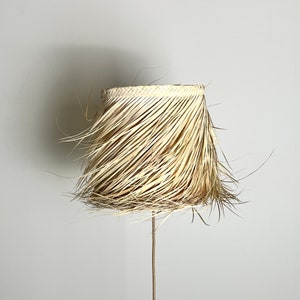 May include: A natural woven lampshade made of straw with a light brown color. The lampshade is round and has a fringed edge. The lampshade is hanging from a thin metal rod.