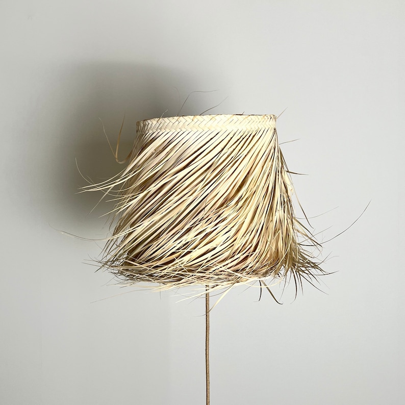 May include: A natural woven lampshade made of straw with a light brown color. The lampshade is round and has a fringed edge. The lampshade is hanging from a thin metal rod.