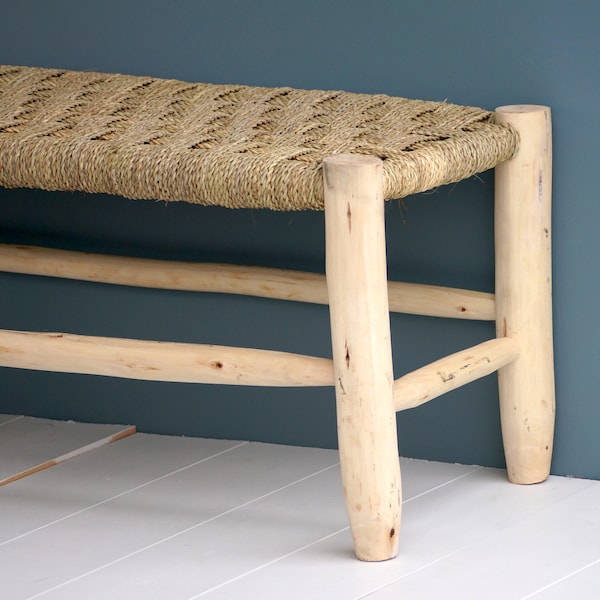 Banc marocain en bois et tressage naturel 100cm