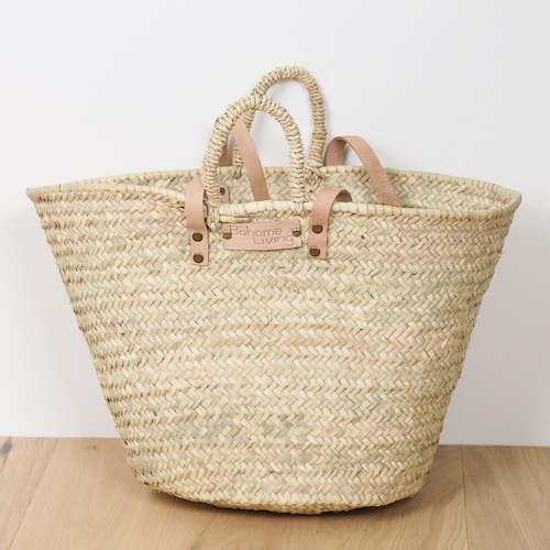 straw and leather tote basket
