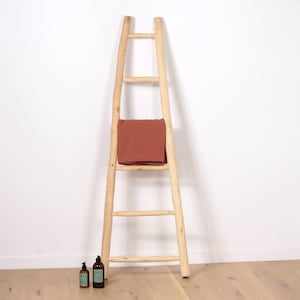 Puede incluir: Una escalera de madera con una toalla marrón colgada en el peldaño del medio. Dos pequeños frascos de líquido están en el suelo frente a la escalera.