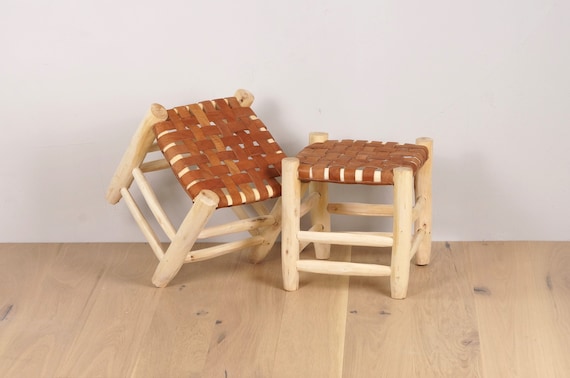 木と革のモロッコ風スツール - Etsy 日本