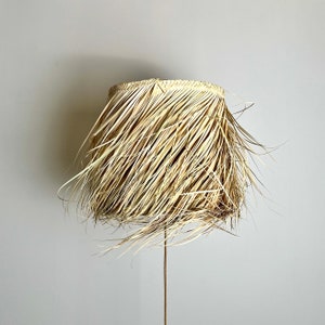May include: A natural woven lampshade made of straw with a fringed edge. The lampshade is beige and has a natural, rustic look.
