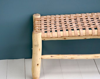 Moroccan bench in wood and leather 100cm