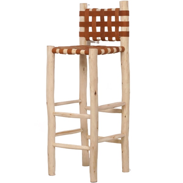 Chaise haute en bois et cuir, Tabouret de bar en bois