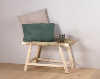 Banc ethnique en bois et tressage naturel 60cm