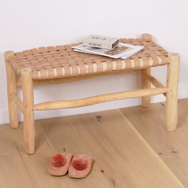 Banc marocain en bois et cuir 80cm