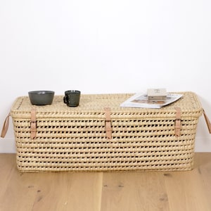 Palm leaf and leather storage chest 100cm