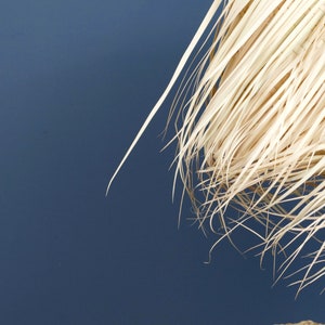 May include: A close-up of a natural fiber lampshade with a light brown color. The lampshade is made of thin, wispy strands of material and is attached to a silver metal stand.