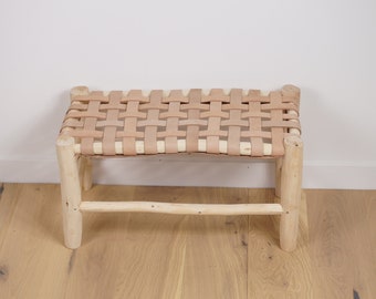 Small Moroccan bench in wood and leather